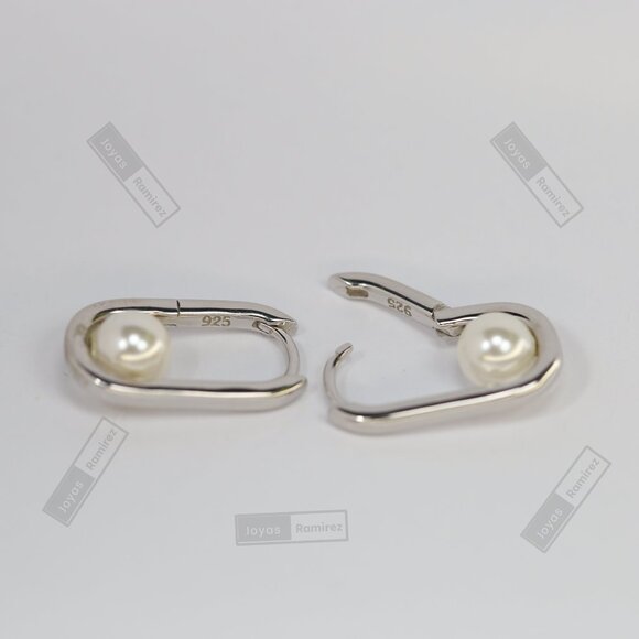 Sterling Silver Oval Pearl Earrings • Rhodium Finish • 2 cm Lightweight Design. - Picture 6 of 7